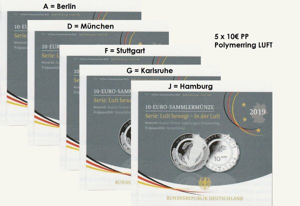 5 x 10 Euro 2019  Deutschland PP In der Luft Original Sets Polierte Platte A-D-F-G-J
