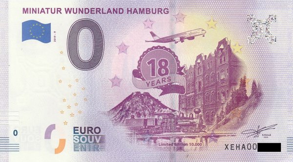 0 Euro Schein - Miniatur Wunderland Hamburg 2019-9 18 Jahre