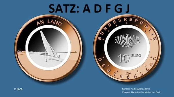 5 x 10 Euro 2020 Deutschland ST an Land Stempelgalanz A-D-F-G-J