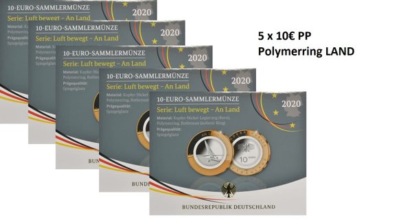 5 x 10 Euro 2020 Deutschland PP An Land Original Sets Polierte Platte A-D-F-G-J
