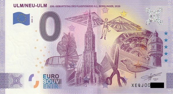 0 Euro Schein - Ulm/Neu-Ulm 250 Geburtstag A.L. Berblinger 2020-2 XEQJ