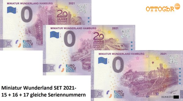 3er SET 0 Euro Scheine Miniatur Wunderland Hamburg 2021-15/16/17 gleiche Seriennummern