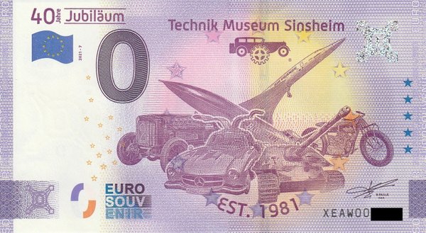 0 Euro Schein - Technik Museum Sinsheim 40 Jahre Jubiläum 2021-7 XEAW
