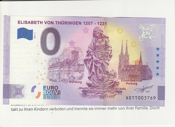 0 Euro Schein - Elisabeth von Thüringen 1207 - 1231 2021-1 XETT mit Doppelkarte