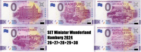 5er SET 0 Euro Scheine Miniatur Wunderland Hamburg 2024-26/27/28/29/30